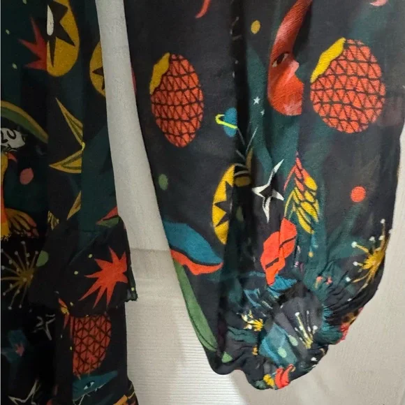 FARM Rio Dark Green Long-Sleeve Tiered Dress with Red, Yellow and Teal Motif - Picture 4 of 9